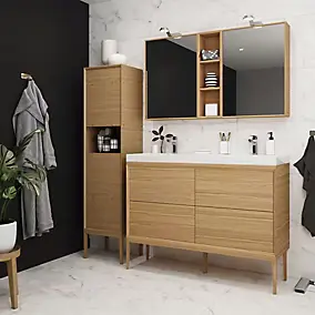Meuble sous vasque GoodHome Avela placage chêne 120 cm + plan double vasque en résine blanc GoodHome Mila 120 cm + pieds