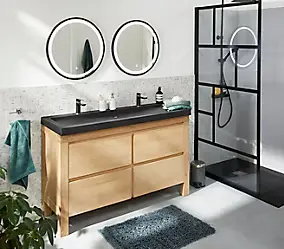 Meuble sous vasque à poser chêne massif et plaqué chêne l.140 cm + plan vasque en quartz composite noir, Cooke & Lewis Harmon