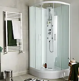 Cabine de douche 1/4 de cercle l.85 x L.85 x H.225 cm – hydromassante, blanc, montage rapide, GoodHome Onega