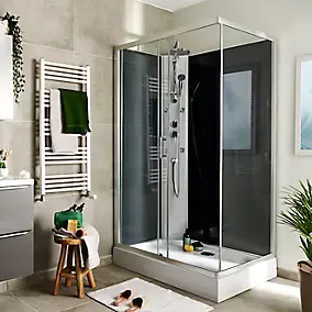 Cabine de douche l.80 x L.120 x H.225 cm – hydromassante, grise, profilés chromés, montage rapide, GoodHome Onega