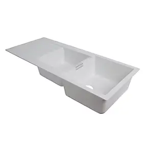 Évier à encastrer en composite de quartz blanc 2 bacs avec égouttoir, L.116 x P.51 cm, Cooke & Lewis Galvani
