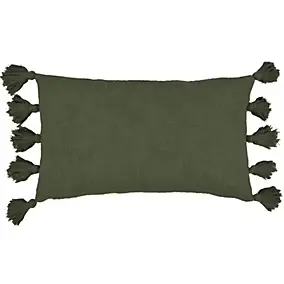Housse de coussin à pompons vert kaki l.30 x L.50cm