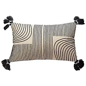 Housse de coussin brodée à pompons blanc et noir l.30 x L.50cm