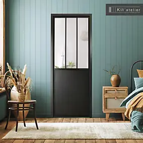 Bloc-porte atelier 3 carreaux vitrés transparent, poussant gauche, coloris noir mat H.213 x l.93cm