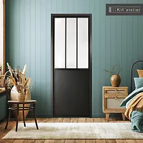 Bloc-porte atelier 3 carreaux vitrés opaques, poussant droit, coloris noir mat H.213 x l.73cm