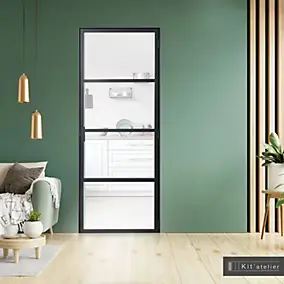 Bloc-porte Loft 4 carreaux vitrés transparents, poussant gauche, coloris noir mat H.213 x l.73cm