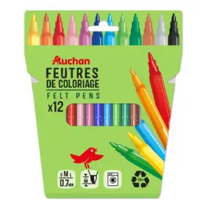 AUCHAN Etui de 12 feutres de coloriage pointe fine plastique recyclé