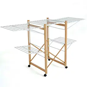 Étendoir à linge pliable sur roulettes 32 m d'étendage 2 niveaux, aluminium effet bois et plastique blanc, Kitchen Move Ushuaia
