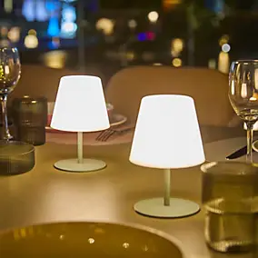 2 lampes à poser extérieur portables rechargeables LED aluminium vert olive H.16 cm IP54 Lumisky Twins