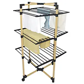 Étendoir à linge pliable 30 m d'étendage sur 3 niveaux avec roulettes, acier noir et effet bois, Kitchen Move Willis