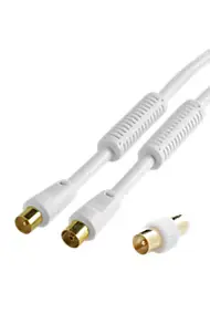 Cordon TV 9.52 mm mâle / TV 9.52 mm femelle + adaptateur TV 9.52mm mâle / mâle - blanc connecteurs plaqués or 5 m - Erard