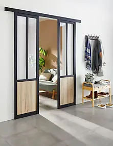 Kit double porte coulissante noire avec rail 4 carreaux transparents 55,4 x 204 cm, Mykado