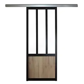 Kit porte coulissante atelier noire et effet bois avec rail, 3 vitrages transparents, 83 x 204 cm, Skylab Mykado