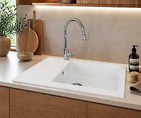 Évier compact à encastrer en composite blanc 1 bac avec égouttoir, L.62 x P.50 cm, Nord Inox Karta
