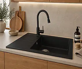 Évier compact à encastrer en composite noir 1 bac avec égouttoir, L.62 x P.50 cm, Nord Inox Karta