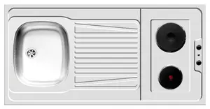 Cuisinette électrique blanche porte couleur chêne (évier, 2 feux et réfrigérateur) - H.96,5 x L.120 x l.60 cm
