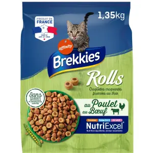 BREKKIES Rolls croquettes fourrées au foie bœuf poulet pour chat 1.35kg
