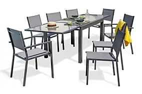 Ensemble table extensible L.135/270 cm et 6 chaises + 2 fauteuils de jardin Tolede aluminium gris anthracite DCB Garden