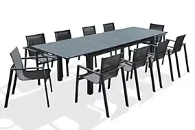 Ensemble table extensible et 10 fauteuils de jardin Miami aluminium gris anthracite DCB Garden