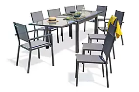 Ensemble table extensible L.135/270 cm et 8 chaises + 2 fauteuils de jardin Tolede aluminium gris anthracite DCB Garden