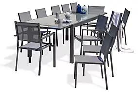Ensemble table extensible et 10 chaises + 2 fauteuils de jardin Tolede aluminium gris anthracite DCB Garden