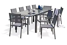 Ensemble table extensible L.200/300 cm et 8 chaises + 2 fauteuils de jardin Tolede aluminium gris anthracite DCB Garden