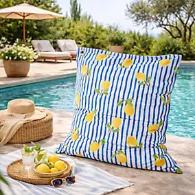 Maxi coussin déperlant intérieur / extérieur imprimé citrons bleu, jaune 140 x 120 cm