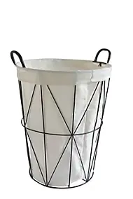 Panier à linge 60 litres en polycoton beigne cadre en métal noir Ø40 x H.50 cm