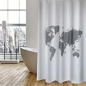 Rideau de douche L.180 x H.200 cm gris et blanc, motif carte du monde, en polyester avec anneaux Msv World