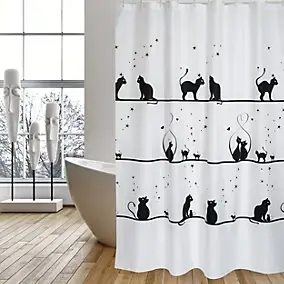Rideau de douche L.180 x H.200 cm blanc et noir, motifs chats, en polyester Msv Kittens