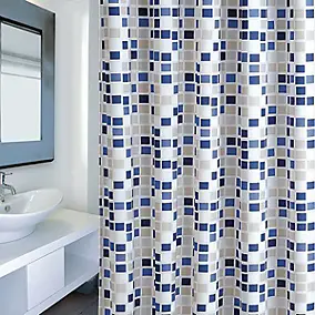 Rideau de douche L.180 x H.200 cm bleu et blanc, motifs mosaïque, en polyester Msv