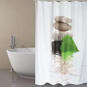 Rideau de douche L.180 x H.200 cm blanc et vert, motifs galets, en polyester Msv Lingga
