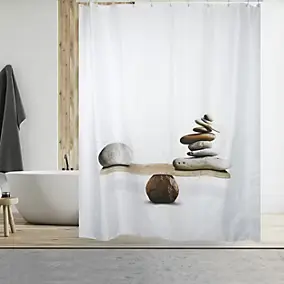 Rideau de douche L.180 x H.200 cm blanc et beige, motifs galets, en polyester Msv Spirit