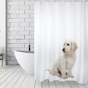 Rideau de douche L.180 x H.200 cm blanc et beige, motif chien, en polyester Msv Scott
