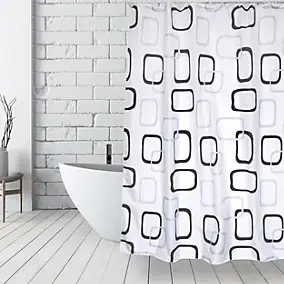Rideau de douche L.180 x H.200 cm blanc et noir, motifs géométriques, en polyester Msv Vintage