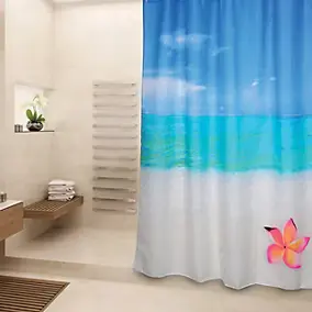 Rideau de douche L.180 x H.200 cm bleu et blanc, motif plage, en polyester Msv Paradise
