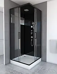 Cabine de douche l.90 x L.90 x H.230 cm – design noir, hydromassante, miroir intégré, portes coulissantes, Galedo Mirror 2 Square