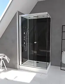 Cabine de douche l.80 x L.110 x H.230 cm – design noir, hydromassante, porte coulissante, verre trempé, Galedo Zen 2