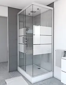 Cabine de douche l.80 x L.110 x H.215 cm – structure gris métal, sérigraphie 3 bandes, porte coulissante, Galedo River 2