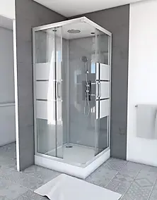 Cabine de douche l.90 x L.90 x H.215 cm – structure effet chrome, fond gris, sérigraphie 3 bandes, Galedo River 2 Square