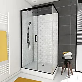 Cabine de douche L.80 x L.110 x H.230 cm – fond effet métro, douchette anticalcaire, style noir & blanc, Galedo Metro