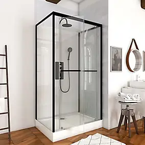 Cabine de douche l.80 x L.110 x H.230 cm – porte pivotante, style industriel noir & blanc avec profilés noirs, Galedo City