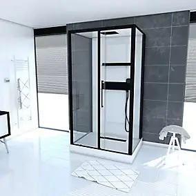 Cabine de douche l.90 x L.115 x H.215 cm – caniveau noir mat, style industriel noir & blanc, Galedo Phantom 3