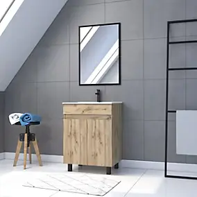 Meuble sous vasque à poser 60 cm effet chêne industriel avec vasque blanc et miroir, Galedo Timber