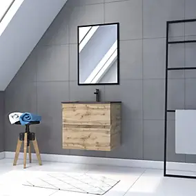 Meuble sous vasque suspendu 60 cm effet chêne industriel avec plan vasque noir et miroir, Galedo Timber