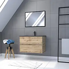 Meuble sous vasque suspendu 80 cm effet chêne industriel avec plan vasque noir et miroir, Galedo Timber