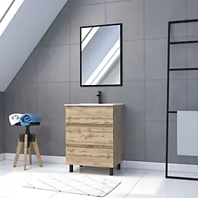 Meuble sous vasque à poser 60 cm effet chêne industriel avec plan vasque blanc et miroir, Galedo Timber