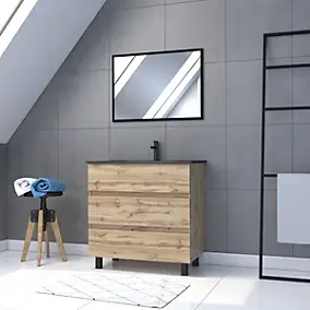 Meuble sous vasque à poser 80 cm effet chêne industriel avec plan vasque noir et miroir, Galedo Timber