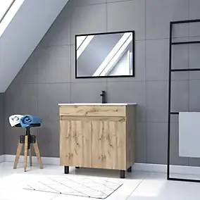 Meuble sous vasque à poser 80 cm effet chêne industriel avec plan vasque blanc et miroir, Galedo Timber