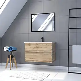 Meuble sous vasque suspendu 80 cm effet chêne industriel avec plan vasque blanc et miroir, Galedo Timber